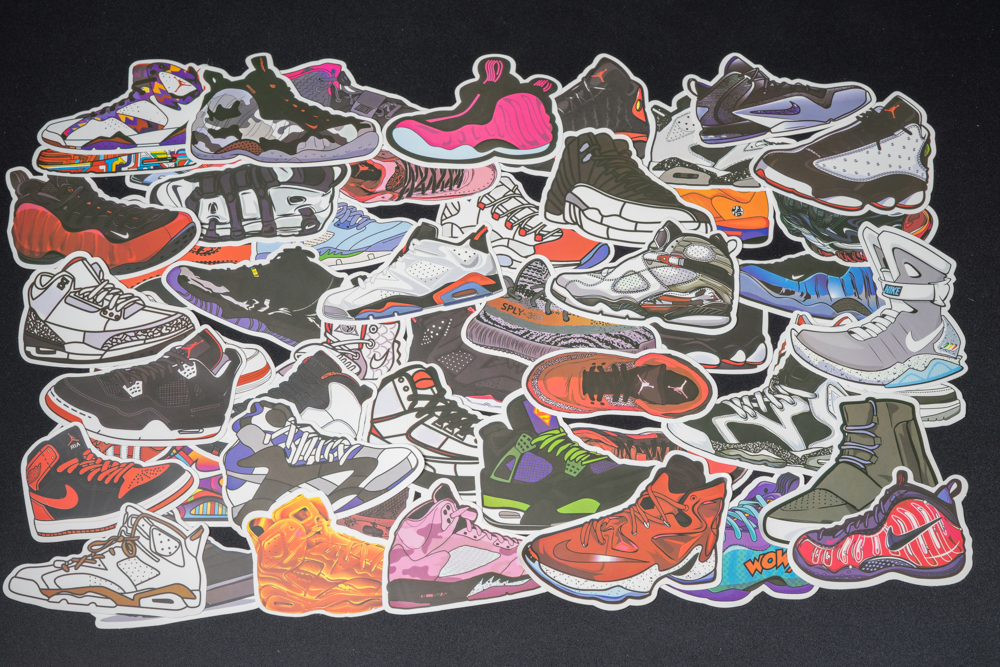 Bộ  sticker dán, miếng dán, hình dán Sneakers giày trang trí máy tính, laptop, điện thoại, vali, xe máy, xe đạp