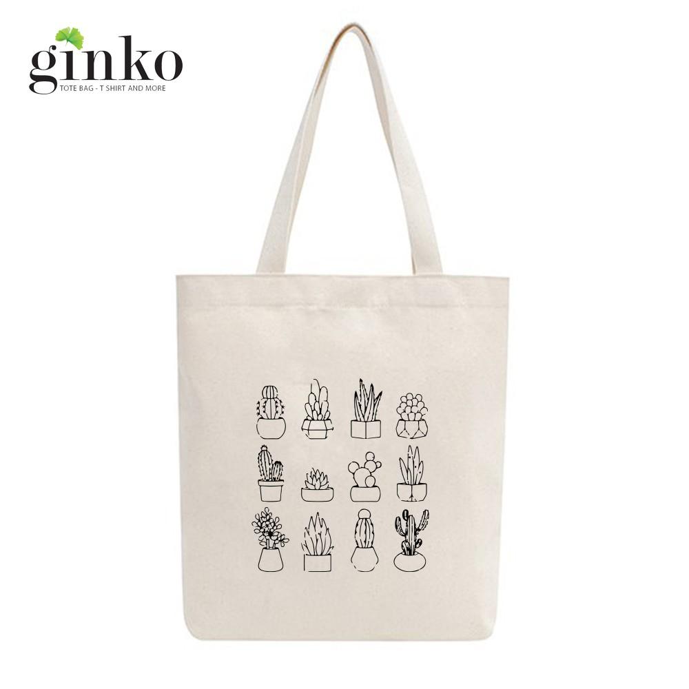 Túi Tote Vải Mộc Ginko kiểu basic có dây kéo khóa miệng túi đựng vừa laptop 14 inch và nhiều đồ dùng khác In Hình MINI CACTUS M44