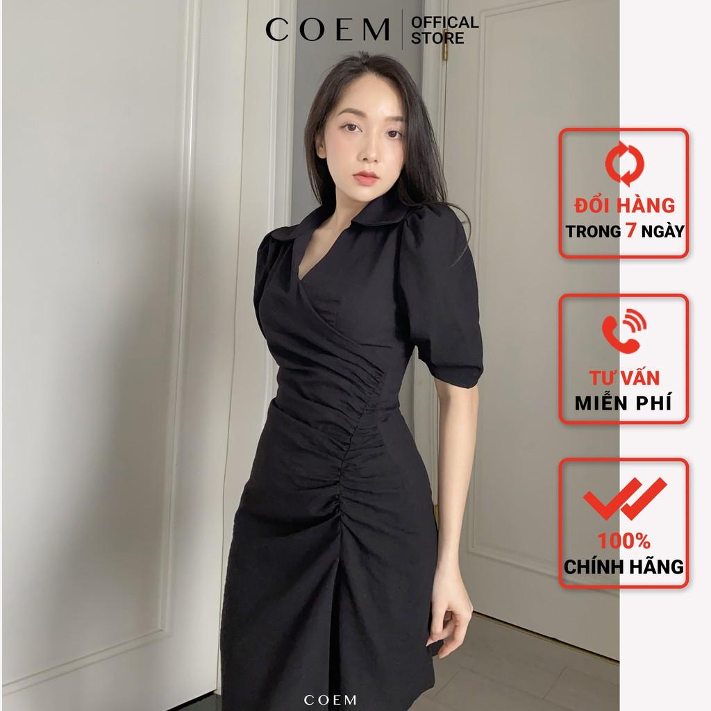 Đầm Sơ Mi Dáng Ngắn Màu Đen Nhún Eo Lệch Tay Phồng Chất Liệu Linen Premium CO EM Thiết Kế Phù Hợp Công Sở Đi Dạo Đi Tiệc