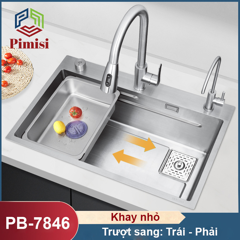 Chậu Rửa Bát Inox 1 Hố To Pimisi PB-7846 Luxury Làm Từ Thép Không Gỉ Inox Cao Cấp Kiểu Ngăn Lớn 1 Hộc, Kèm 1 Khay Bồn Rửa Chén Nhỏ Đơn Phụ Gác Chậu -  Tháo Rời Với Đầy Đủ Phụ Kiện Xi Phông, Gắn Được Cả Bán Âm - Dương Bàn Đá Bếp | Hàng Chính Hãng