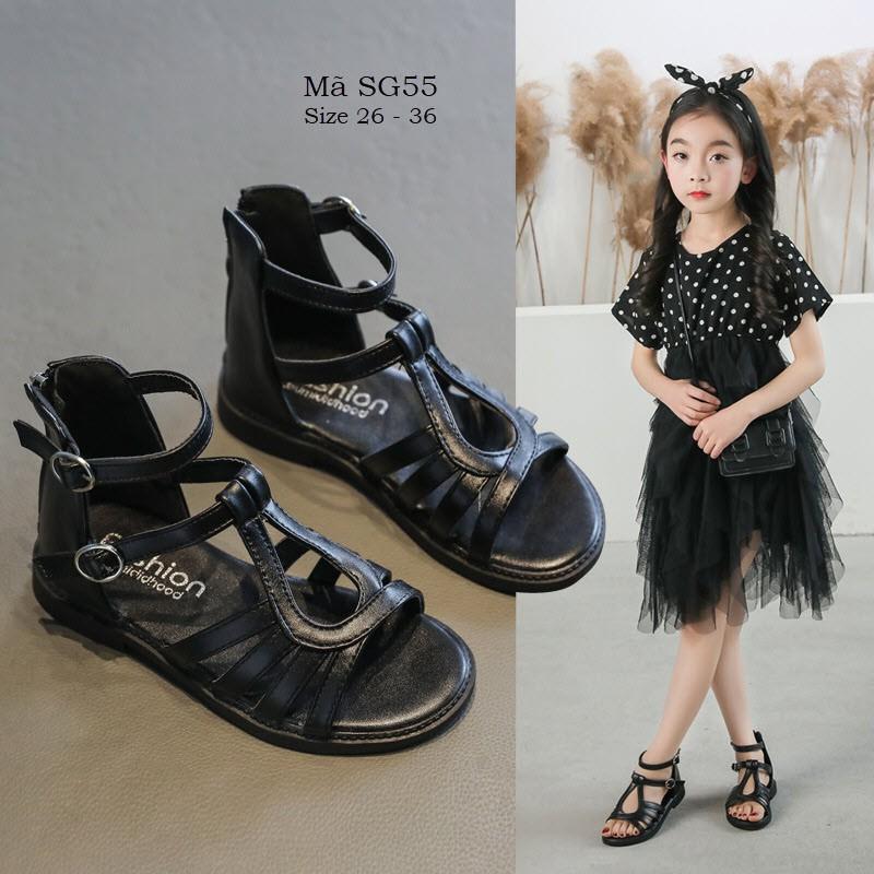 Sandal chiến binh bé gái màu đen SG55 dòng cổ thấp thiết kế hiện đại dễ phối da mềm cho bé 3 - 12 tuổi