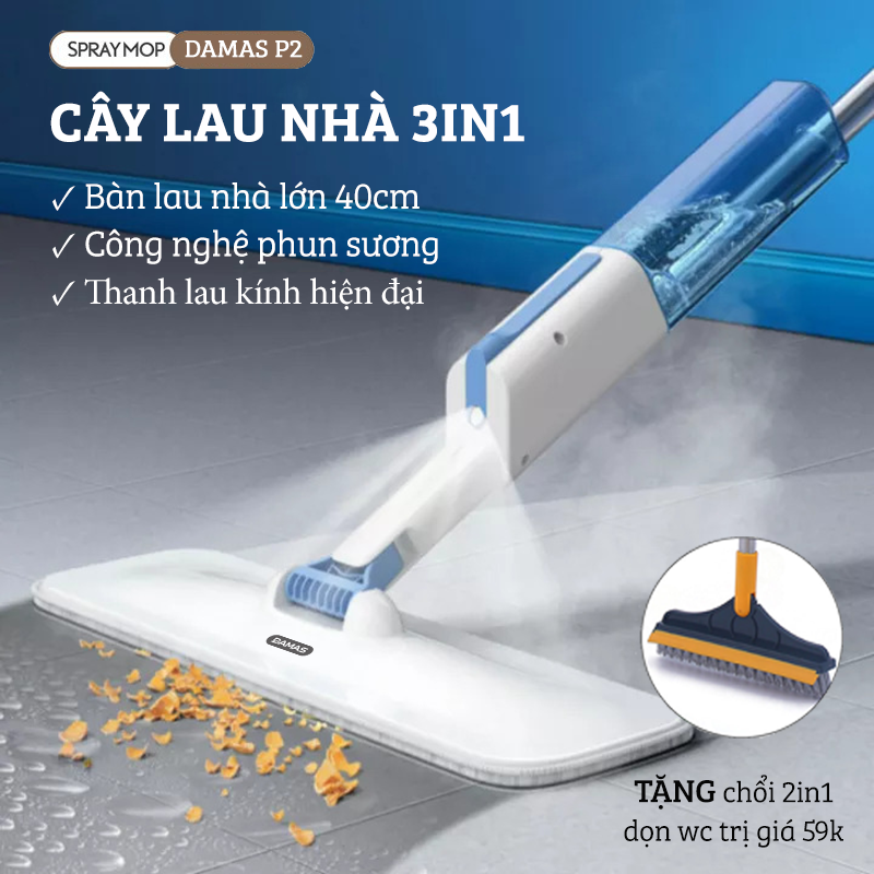 Cây Lau Nhà Phun Sương, Chổi Lau Nhà 360° Kiêm Cây Lau Kính Đa Năng 3IN1 Damas P2 Plus - Thiết Kế Khớp Xoay 180° Linh Hoạt Dễ Dàng Di Chuyển Mọi Góc Ngách Trong Nhà - Chuyển Đổi Bản Lau Nhà Thành Bản Lau Kính Chỉ Với 1 Bước Đơn Giản - Hàng Chính Hãng