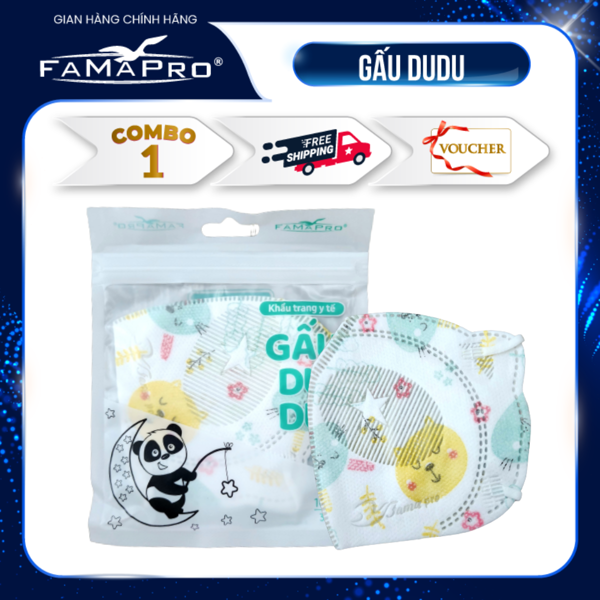 [FAMAPRO - TÚI GẤU DUDU] Khẩu trang y tế cao cấp trẻ em kháng khuẩn 3 lớp Famapro Kids Gấu DuDu, bảo vệ cho bé yêu (10 cái/túi)