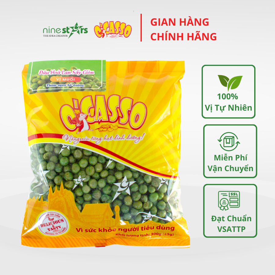 Combo 2 gói 300g Đậu Hòa Lan Sấy Giòn Vị Tỏi Ớt OCasso và Đậu Hòa Lan Sấy Giòn Vị Muối OCasso