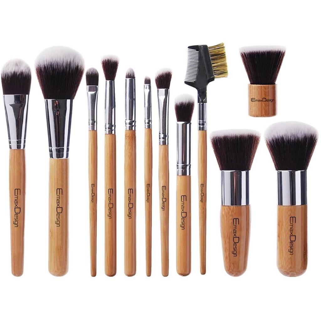 TÚI 12 CỌ TRANG ĐIỂM CHUYÊN NGHIỆP - SỢI KABUKI - CÁN TRE EmaxDesign 12 Pieces Makeup Brush Set Professional