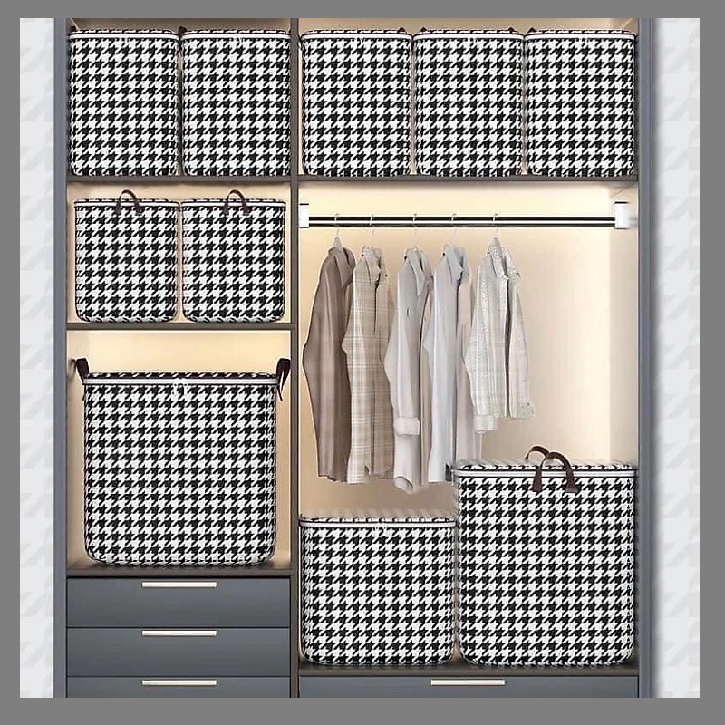 Túi đựng chăn màng quần áo caro sọc trắng đen có dây kéo tiện lợi