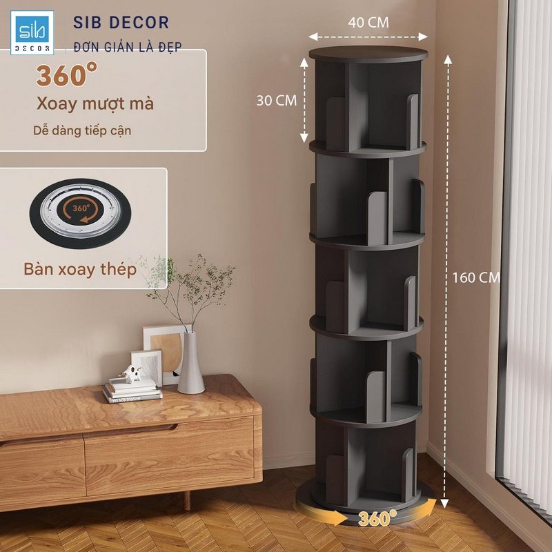 Kệ Sách Xoay 360 Độ SIB Decor KS2532 Nhỏ Gọn, Hiện Đại, Phù Hợp Mọi Không Gian