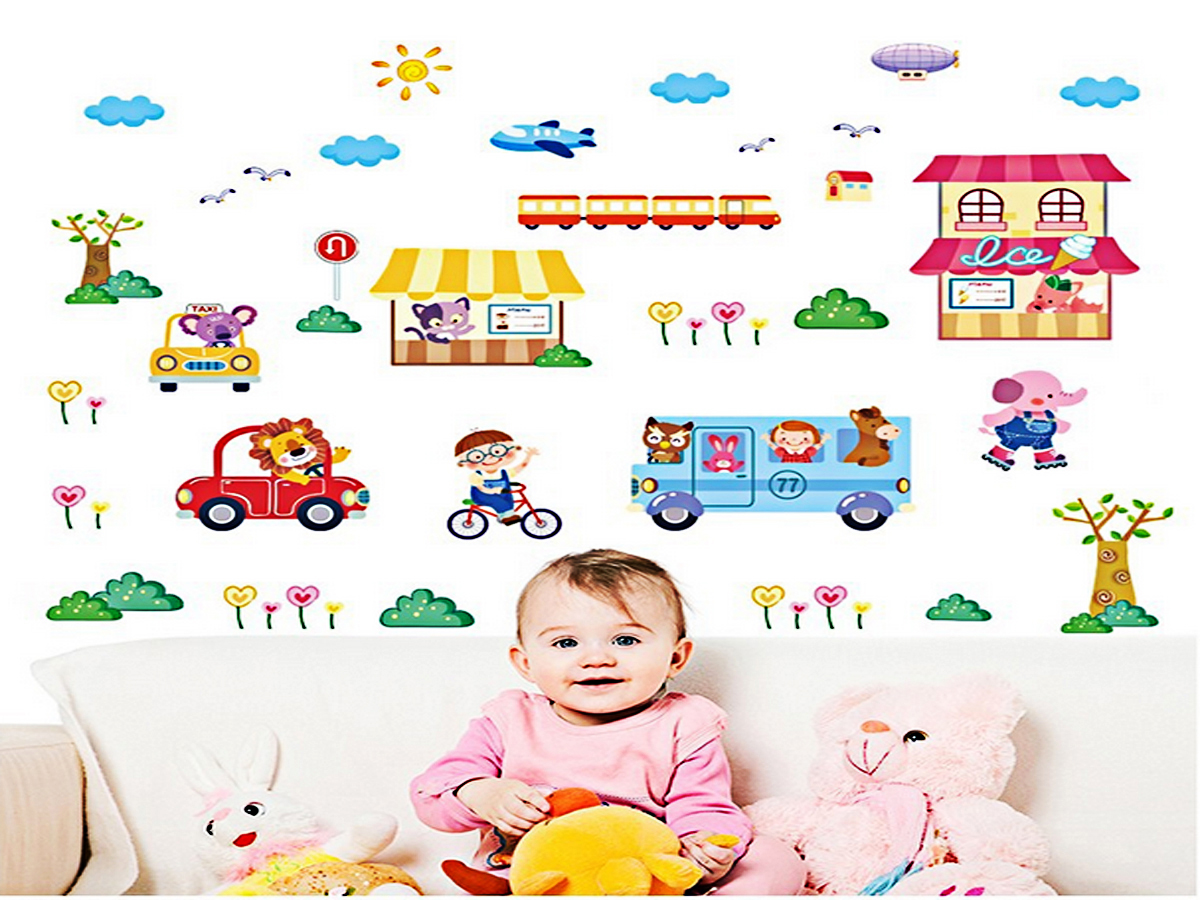 decal dán tường cho bé thú bán hàng và lái ô tô xl8225