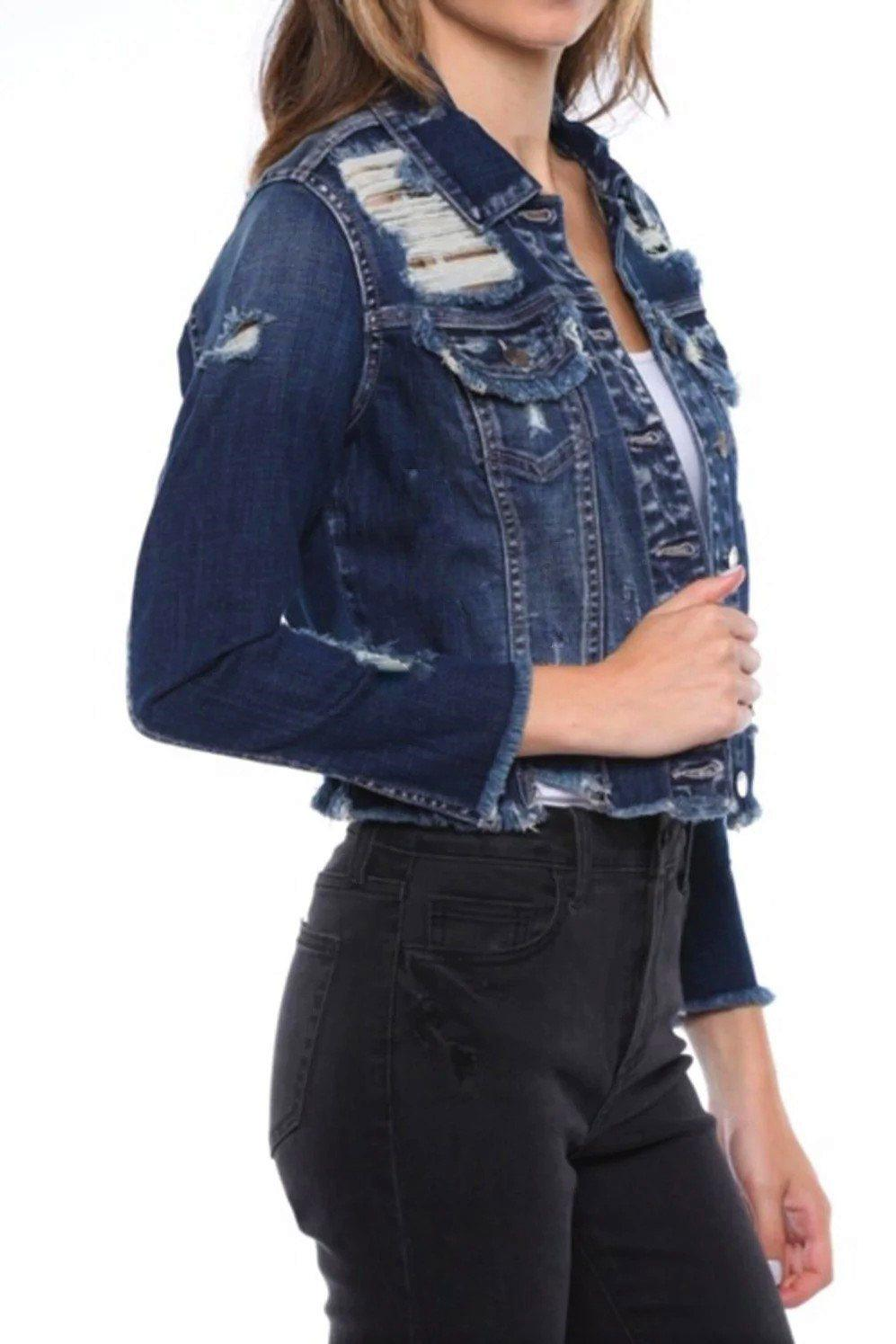 Khoác Jeans Cropped denim jacket Cell() Jeans dành cho Nữ. Chất jeans mềm, co giãn thoải mái. Không nón, Xanh đậm, Rách nhhiều 113/120