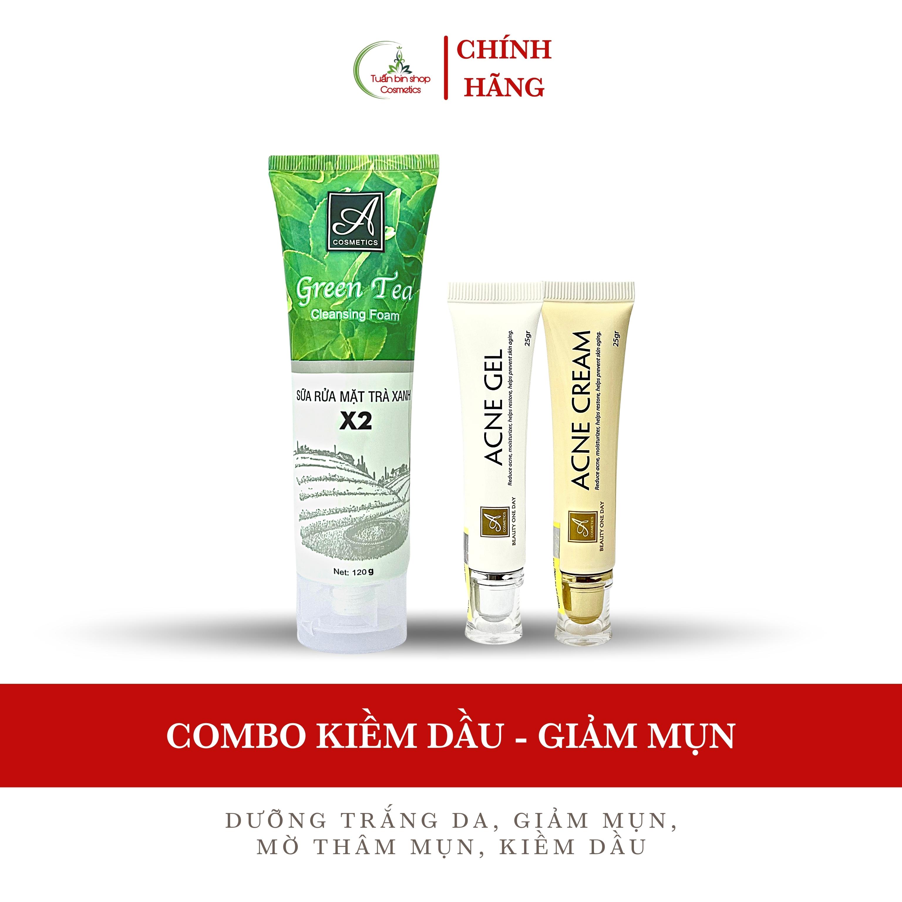 Combo kem giảm mụn, kiềm dầu Acosmetics, kem giảm mụn siêu tốc độ, sữa rửa mặt trà xanh x2 170g