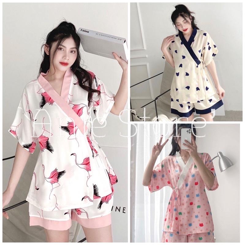 Bộ Kimono Nữ Họa Tiết Cộc Tay Set Ngủ Nữ Ngắn Tay Dây Buộc Eo 4 Màu