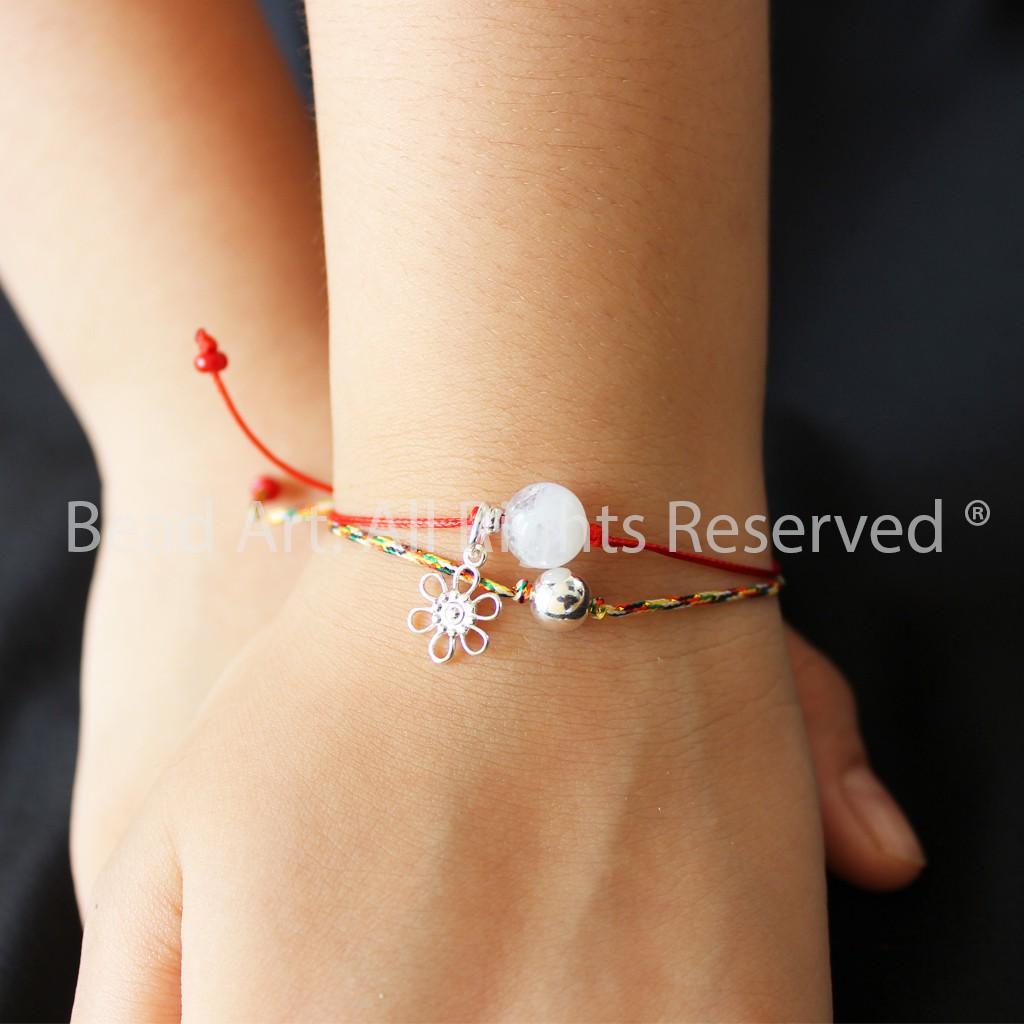 Vòng Tay Thắt Dây Đá Moonstone, Đá Mặt Trăng Tự Nhiên Ánh Cầu Vồng Và Bạc 925, Đỏ - Ngũ Sắc, Mệnh Kim, Thuỷ, Vòng Tay Phong Thuỷ - Bead Art