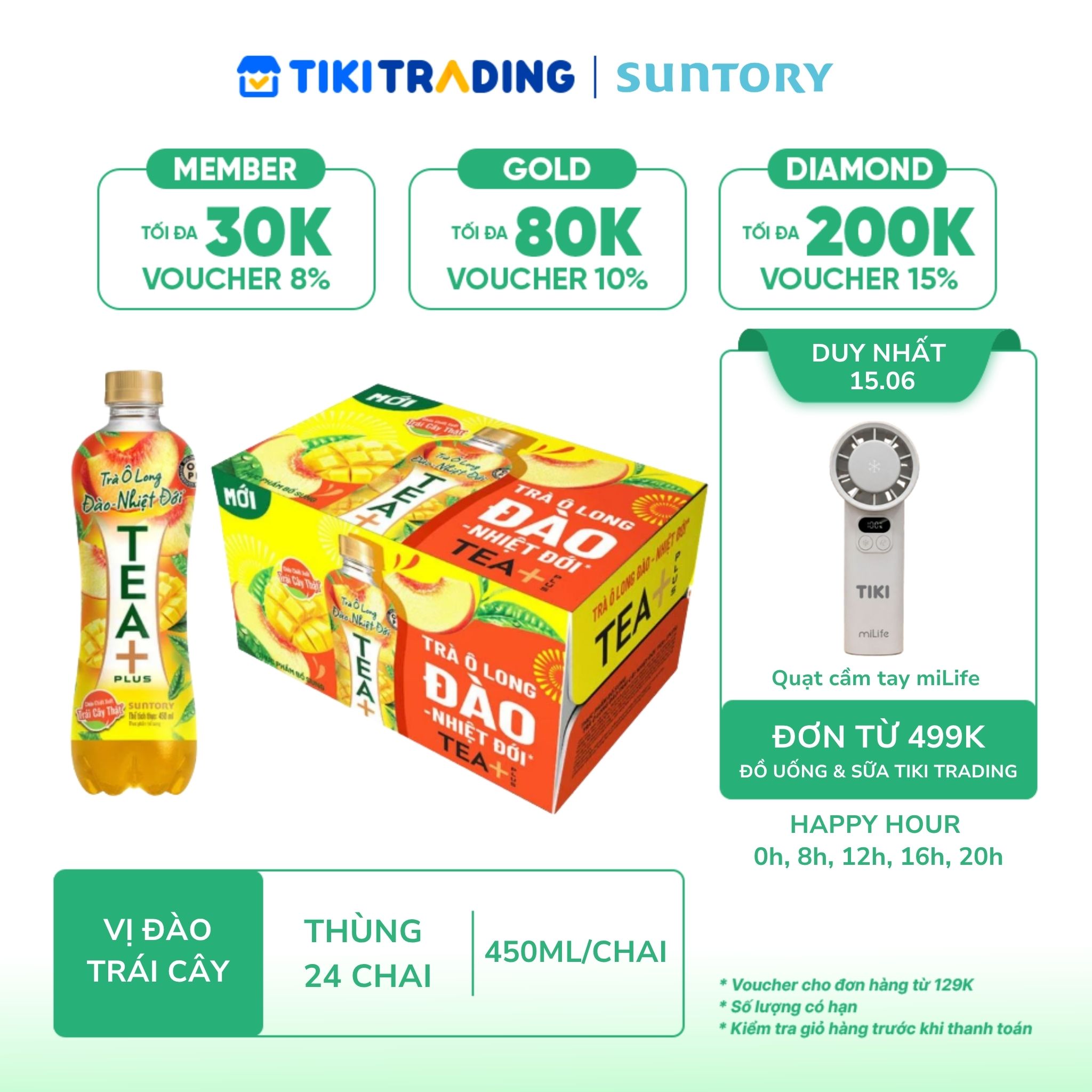 Thùng 24 chai trà ô long Tea Plus Đào Trái Cây Nhiệt Đới (450ml/chai)