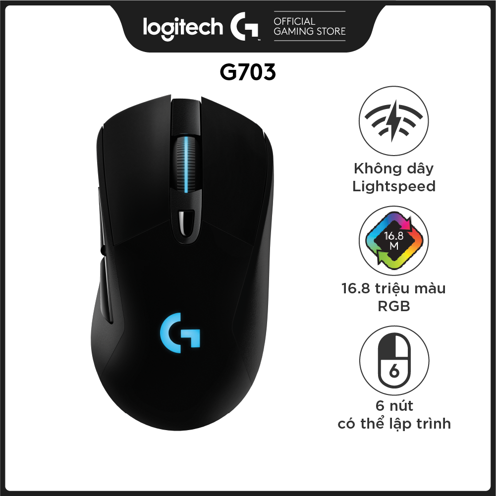 Chuột game không dây Lightspeed RGB Logitech G703 - Cảm biến Hero 25k, tương thích PowerPlay, nhẹ 95g+10g cân tùy chỉnh, pin 60h, PC/Mac -Hàng Chính Hãng