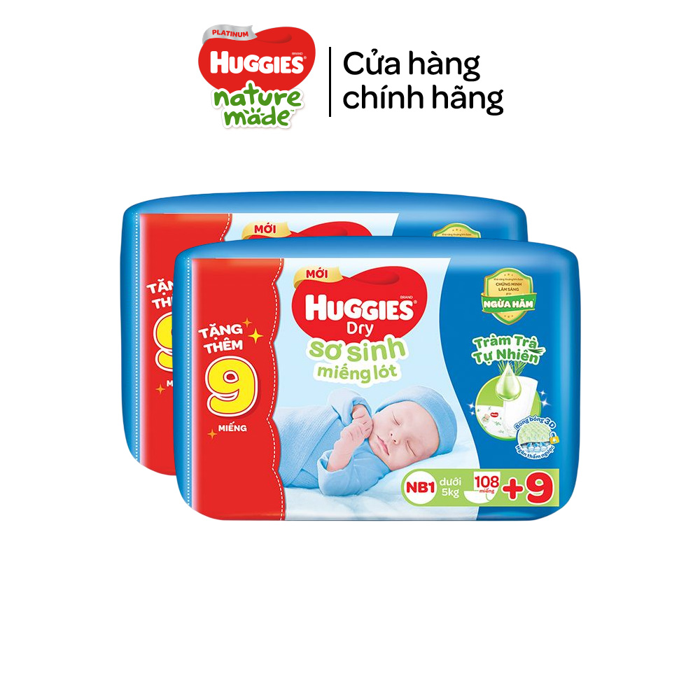 [Tặng kèm tã] Combo 2 Miếng lót Sơ Sinh Huggies Tràm Trà NB1 64 miếng/108 miếng