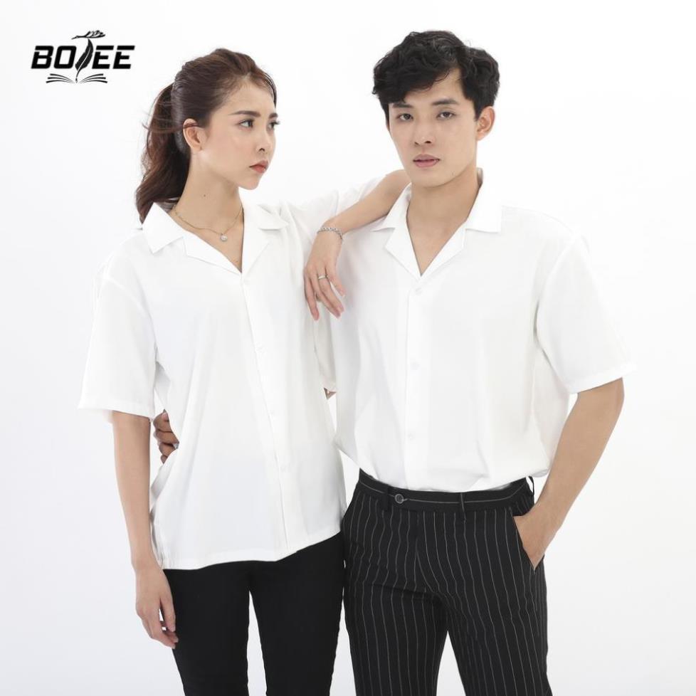 Áo sơ mi ngắn tay Trắng cổ Vest BOTEE vải lụa mềm mại form rộng unisex nam nữ