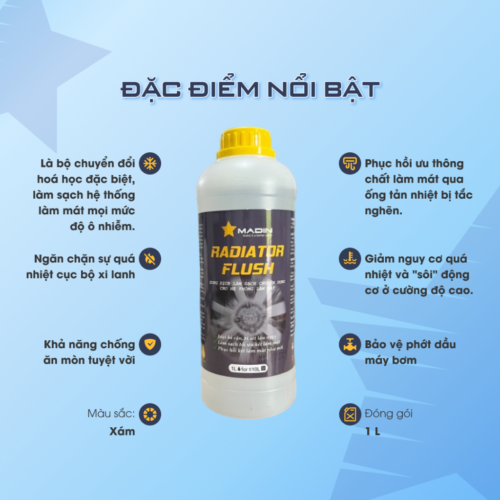 Sục rửa két nước làm mát Madin Radiator Flush 1L, vệ sinh két nước làm sạch cặn bẩn, canxi, rỉ sét