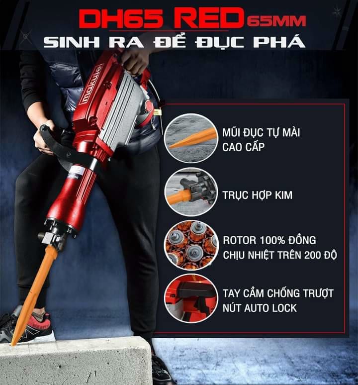 MÁY ĐỤC BÊ TÔNG 30 LY MAKUTE DH65 RED ( 2200W, 65MM, SIÊU KHỎE, BỀN, ROTOR 100% DÂY ĐỒNG )- HÀNG CHÍNH HÃNG