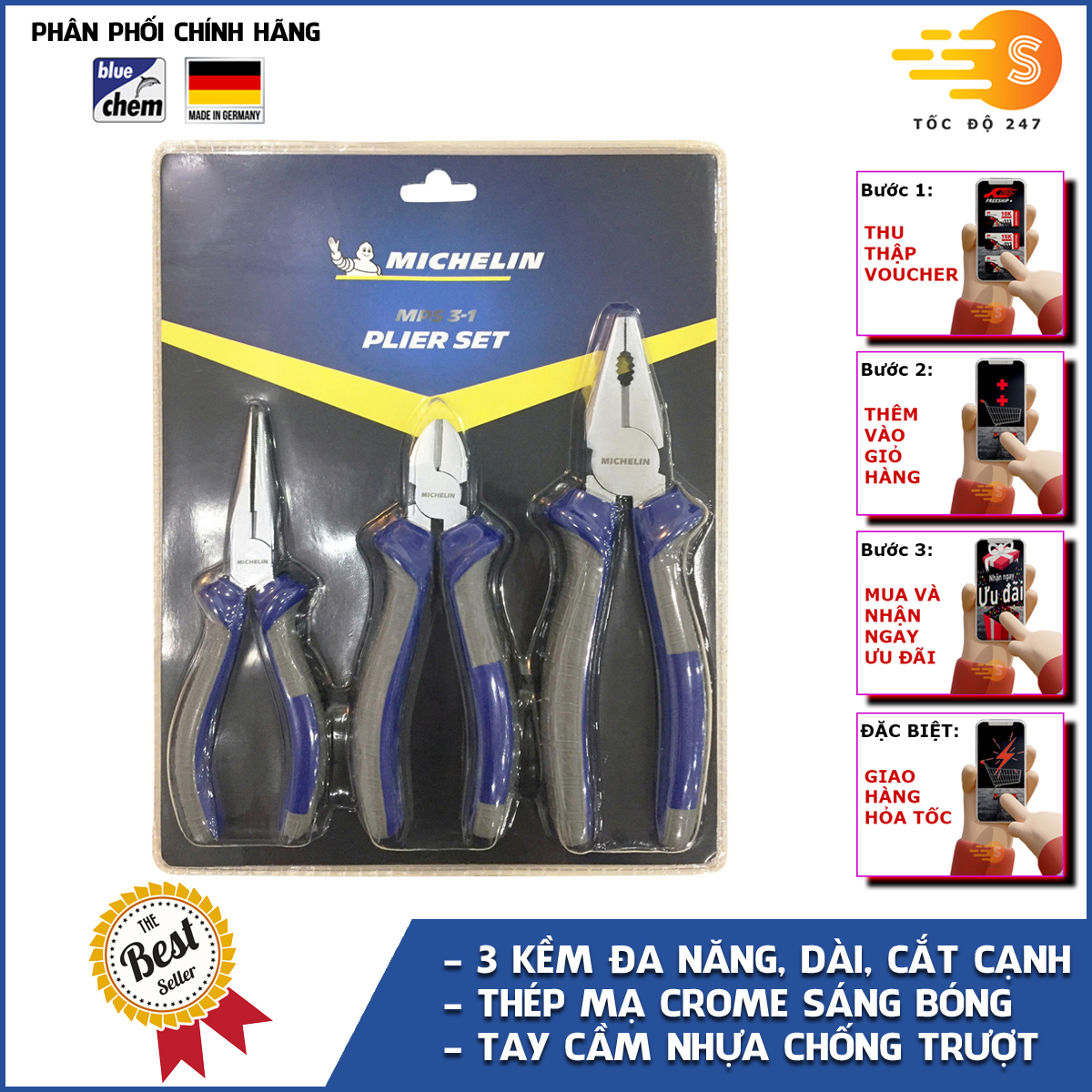 Bộ 3 kềm răng, kềm cắt và kềm mũi nhọn Michelin AS001 - kìm điện, kìm cắt, kìm mũi nhọn, được đánh bóng và chống gỉ sét