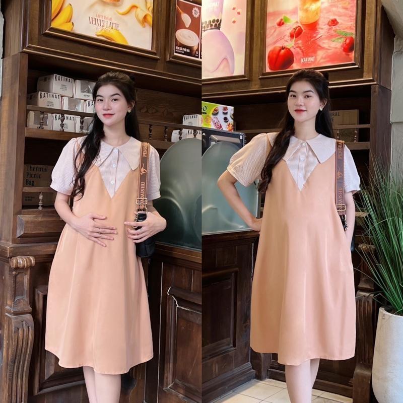 Đầm Yếm Bầu Công Sở Xinh Thiết Kế Dáng Suông Cổ Sen Phối Nút Chất Cotton Lạnh Mát Mẻ, Trẻ Trung - Xanh đen