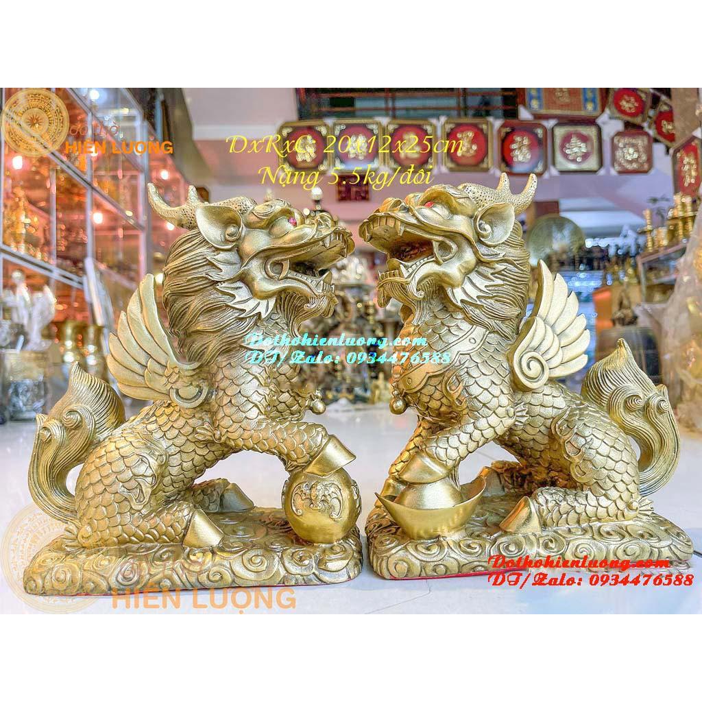 Đôi Kì Lân Ngồi Bệ Mây Bằng Đồng Thau Nguyên Chất Cao 25cm, Nặng 5,5kg/đôi Đẹp - Linh Vật Phong Thủy May Mắn