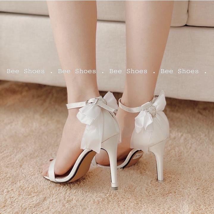 Sandal quai ngang lụa mịn đính nơ gót hoa đá cực xinh gót đũa - 7P