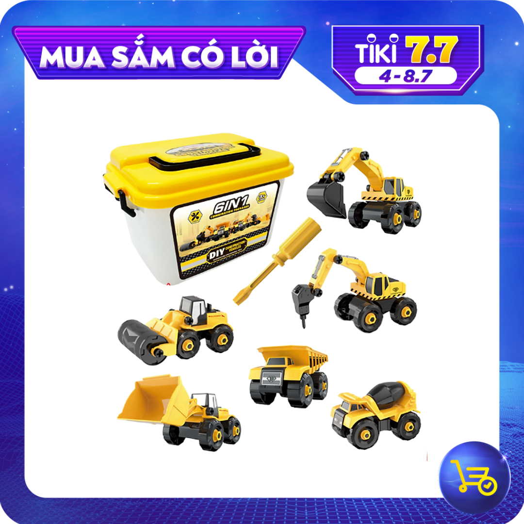 Bộ đồ chơi lắp ráp xe công trình KAVY  gồm 6 xe kèm hộp đựng, tua vít, nhựa nguyên sinh kích thích tính thực hành của bé