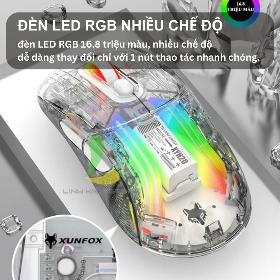 Chuột chơi game không dây XUNFOX XYH20 - Chuột gaming 3 chế độ kết nối, thiết kế trong suốt với đèn led RGB độc đáo - Hàng nhập khẩu