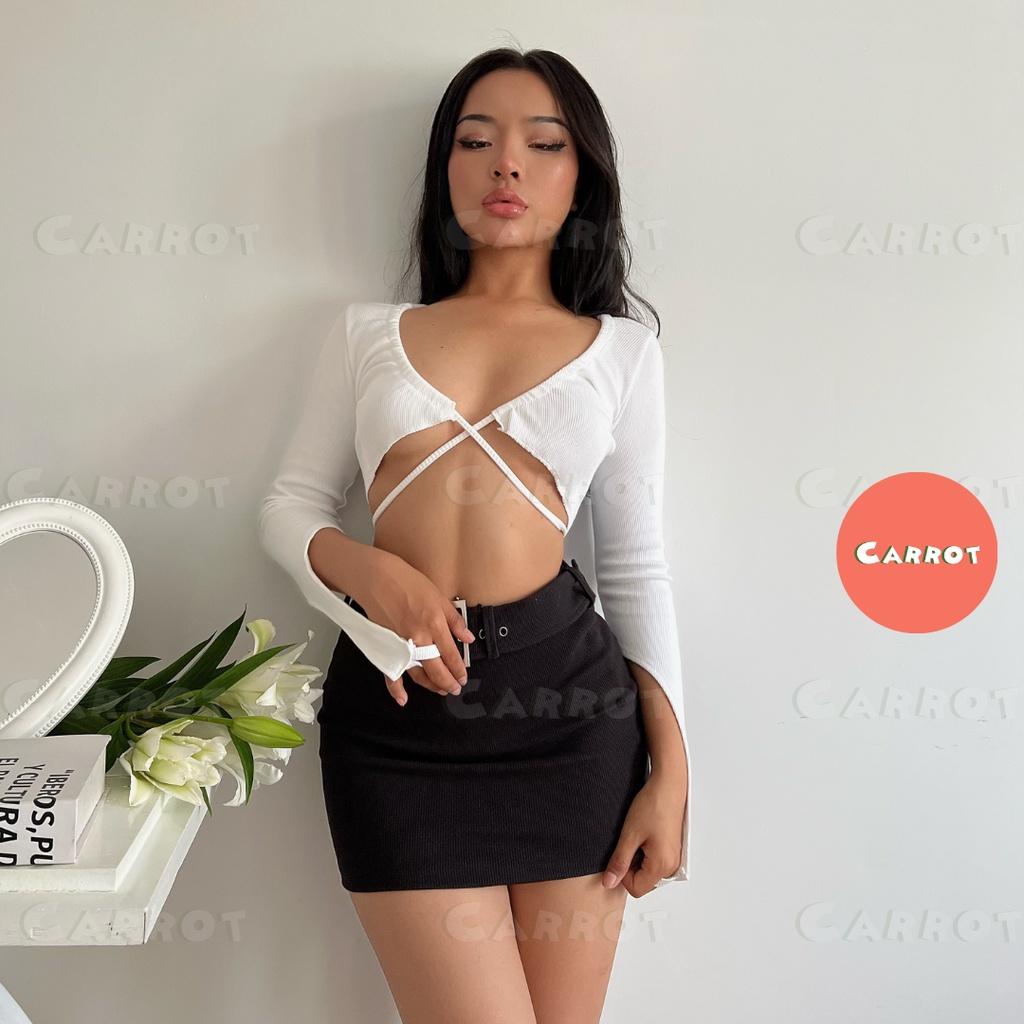 Áo croptop tay dài sexy trắng thiết kế chân váy đen basic ôm eo tôn dáng trendy thời trang nữ carrotxinhdep