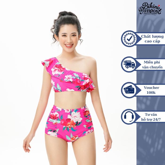 Bộ đồ bơi NỮ BIKINI PASSPORT kiểu Hai mảnh lưng cao áo bèo lệch vai - Hồng - BS438_PK