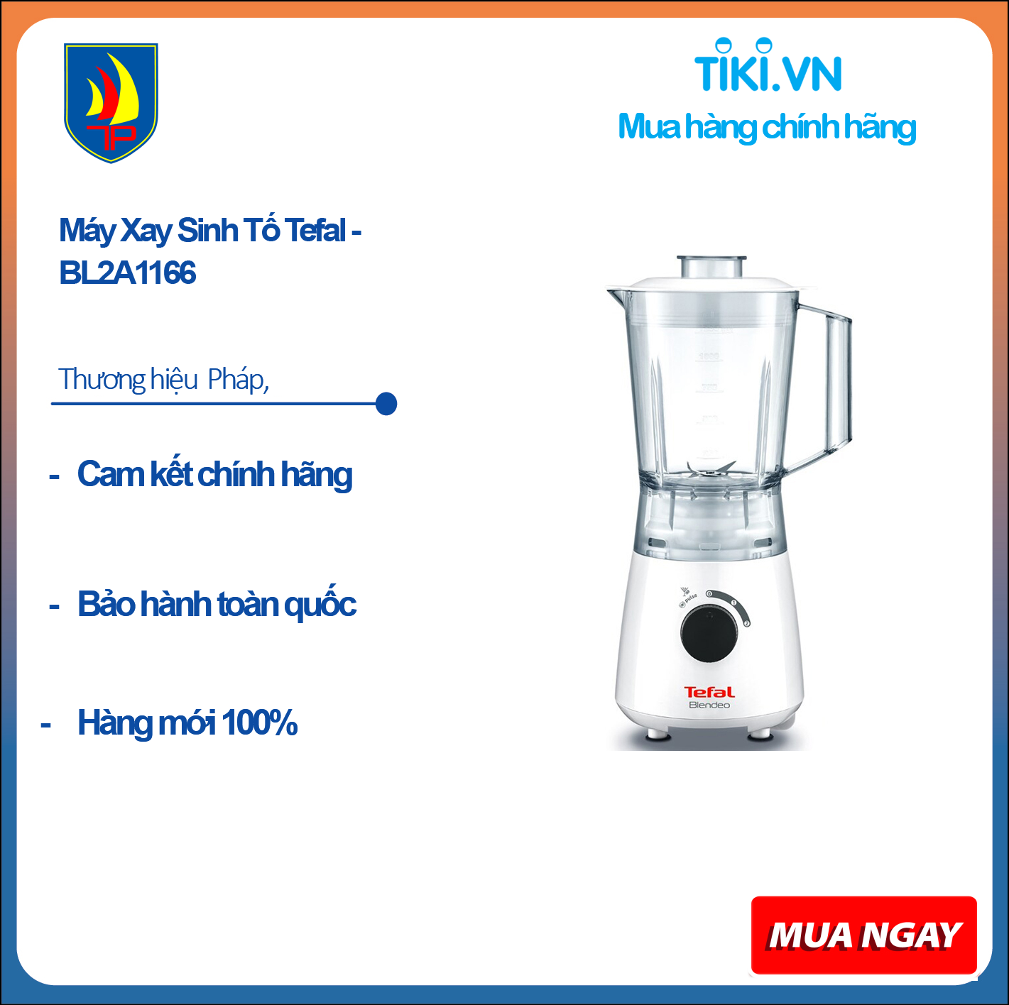 Máy xay sinh tố Tefal BL2A1166 - Công suất 600W - Dung tích 2L - Lưỡi dao làm bằng thép không gỉ - Hàng chính hãng