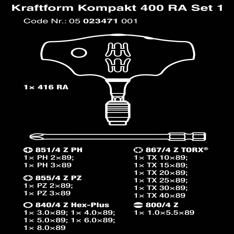 Bộ dụng cụ tay vặn T Wera 05023471001 Kraftform Kompakt 400 RA Set 1 với tay vặn vít tự động gồm 17 cái tháo lắp nhanh 1/4