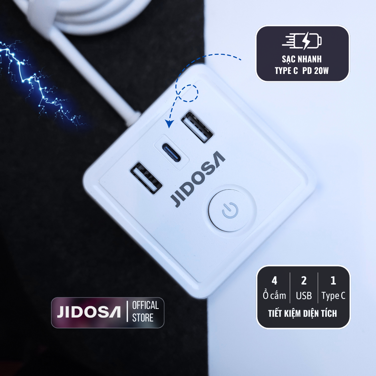 Ổ Cắm Điện JIDOSA Tích Hợp Ổ USB Và Type C Hình Tháp Đa Năng Công suất 3000w Thiết Kế Thông Minh