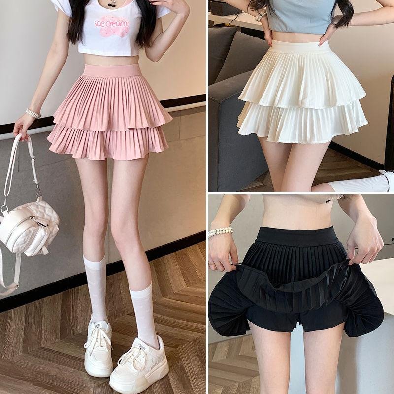 SHUANGYAN Váy bánh xếp li ngọt ngào hai lớp 2023 Mùa xuân và mùa hè cao eo nhỏ nửa người váy ngắn chữ A
