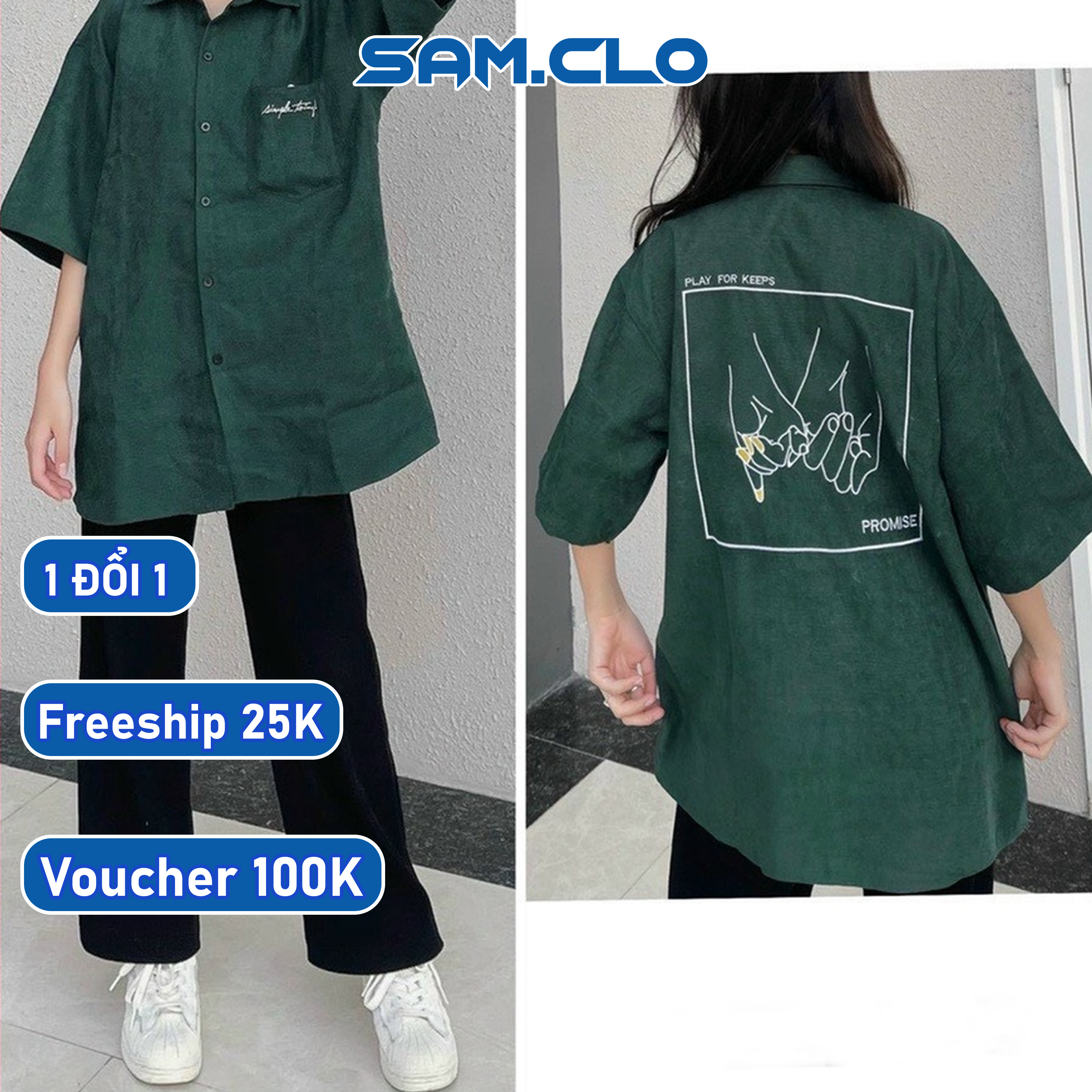 Áo sơ mi nam nữ SAM CLO tay lỡ cổ bẻ phong cách ulzzang form freesize dáng rộng unisex in thêu HAI BÀN TAY PROMISE