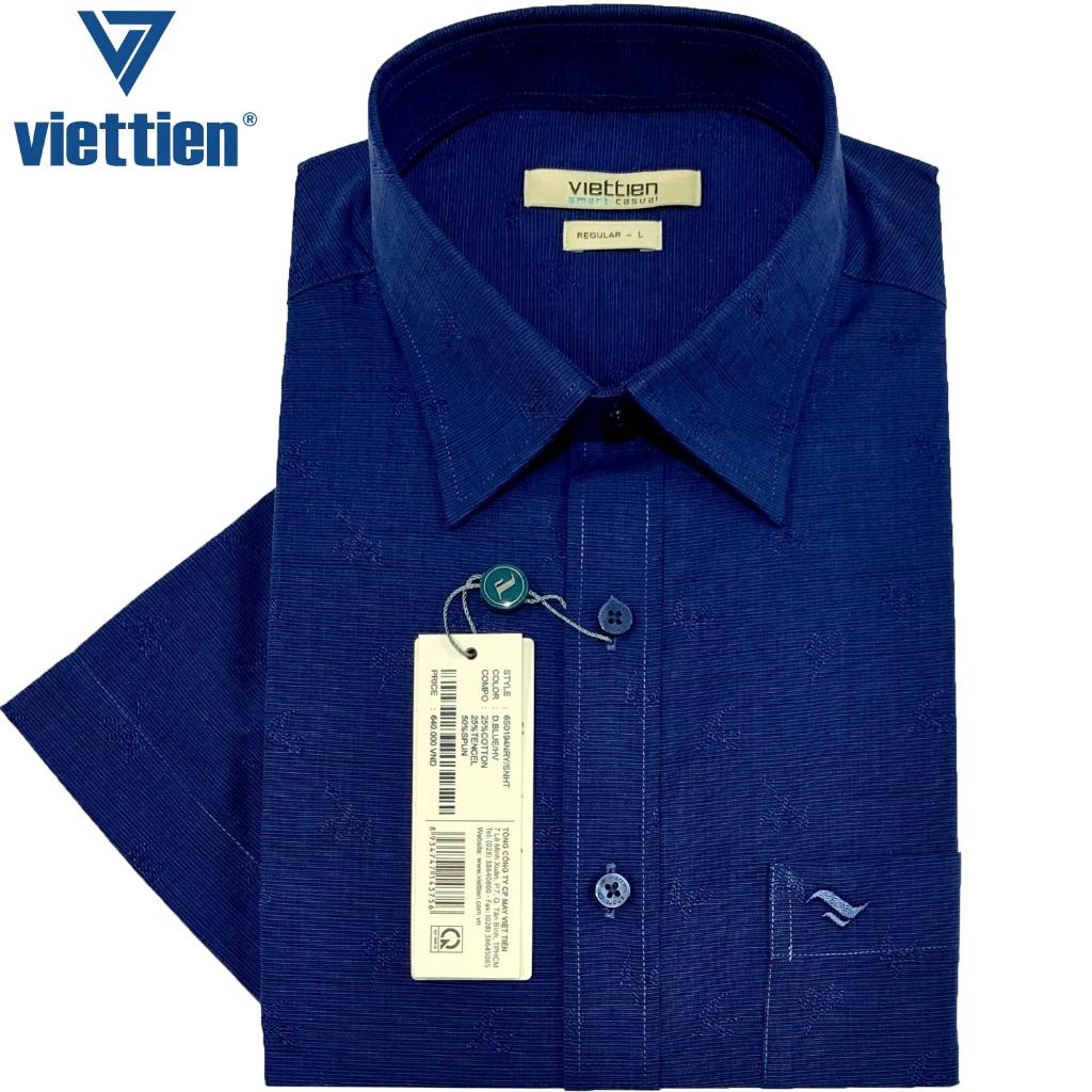 Viettien - Áo sơ mi nam ngắn tay xẻ tà lai ngang Hoạ tiết thêu Xanh đen 6S0194 Regular