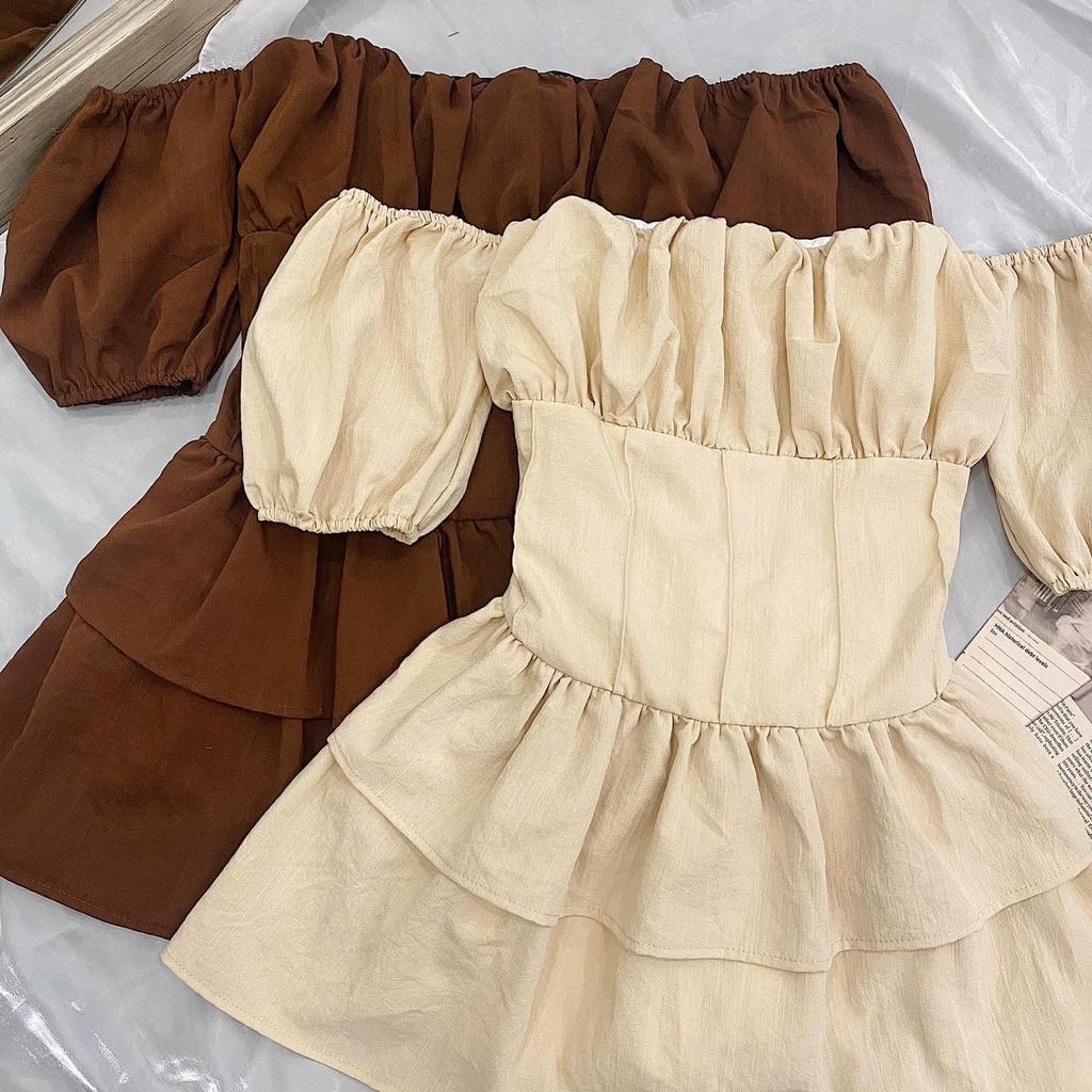 Jumsuit trễ vai tay phồng chít eo hai màu vintage LOVI