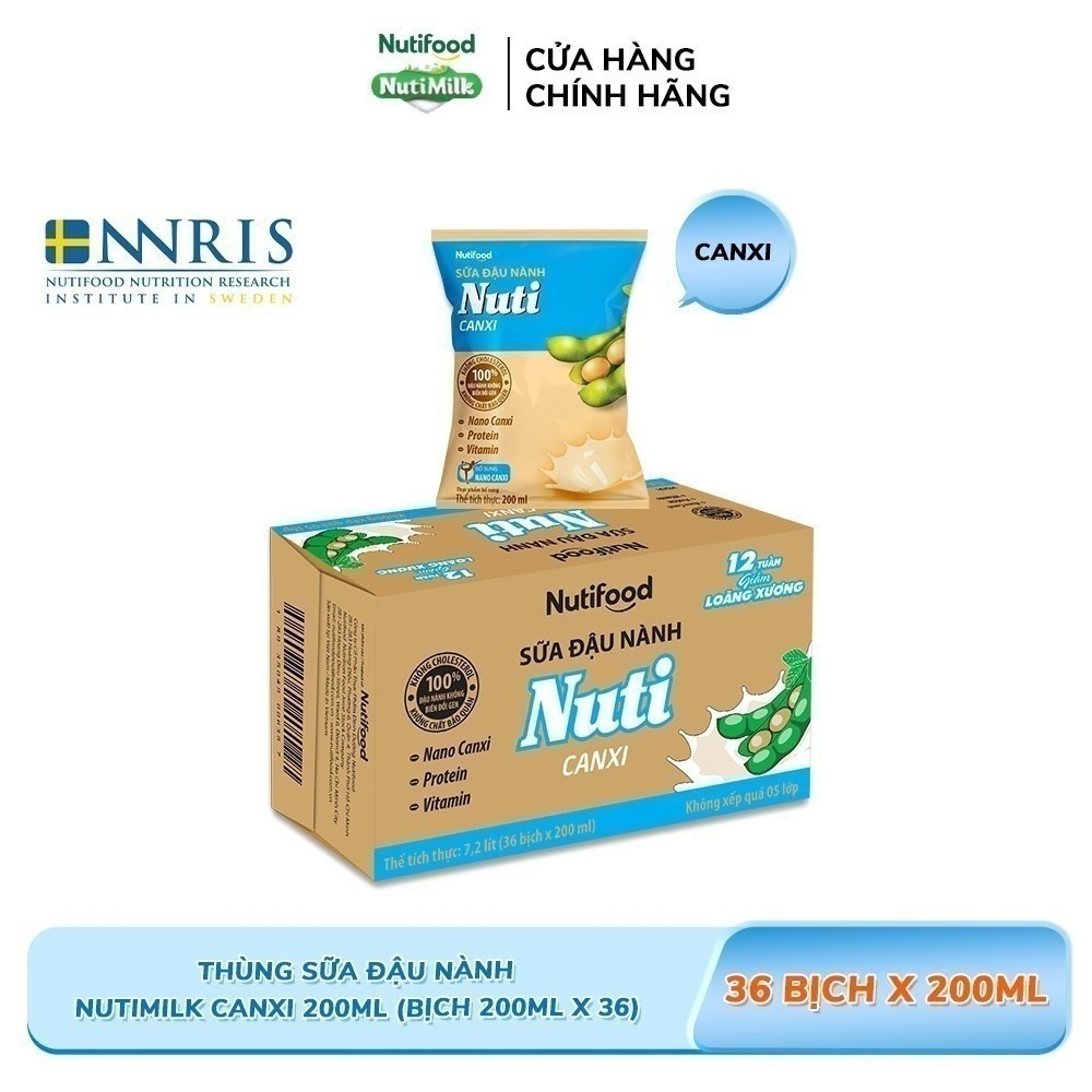 Thùng Sữa Đậu Nành Nutimilk Canxi 200ml (Bịch 200ml x 36) - Bổ Sung Thêm Canxi