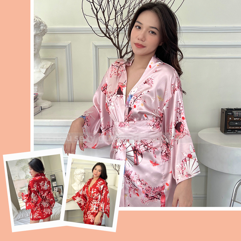 Áo choàng ngủ hoa kimono phong cách nhật bản gợi cảm P28 - Váy ngủ áo choàng cao cấp quyến rũ - Đồ ngủ nữ sexy