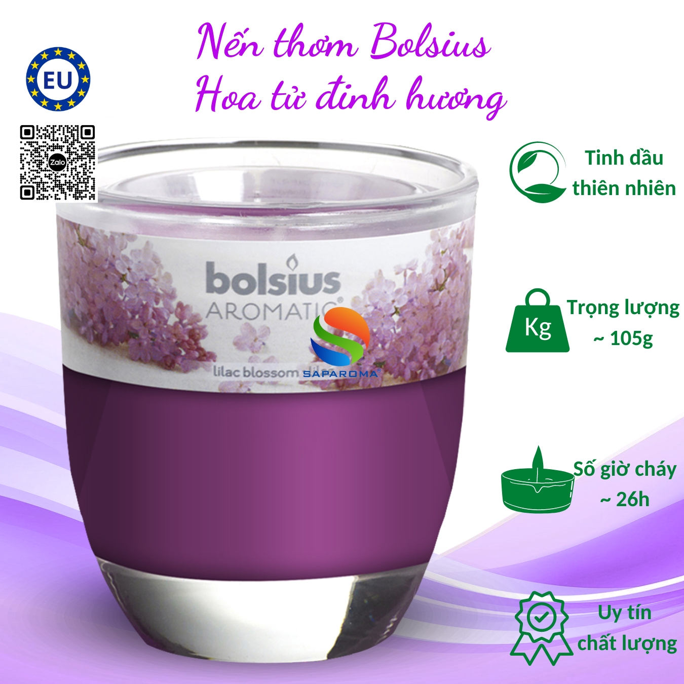 Combo 3 Ly nến thơm tinh dầu Bolsius 105g, nến trang trí, thơm phòng, thư giãn, Hỗ trợ khử mùi