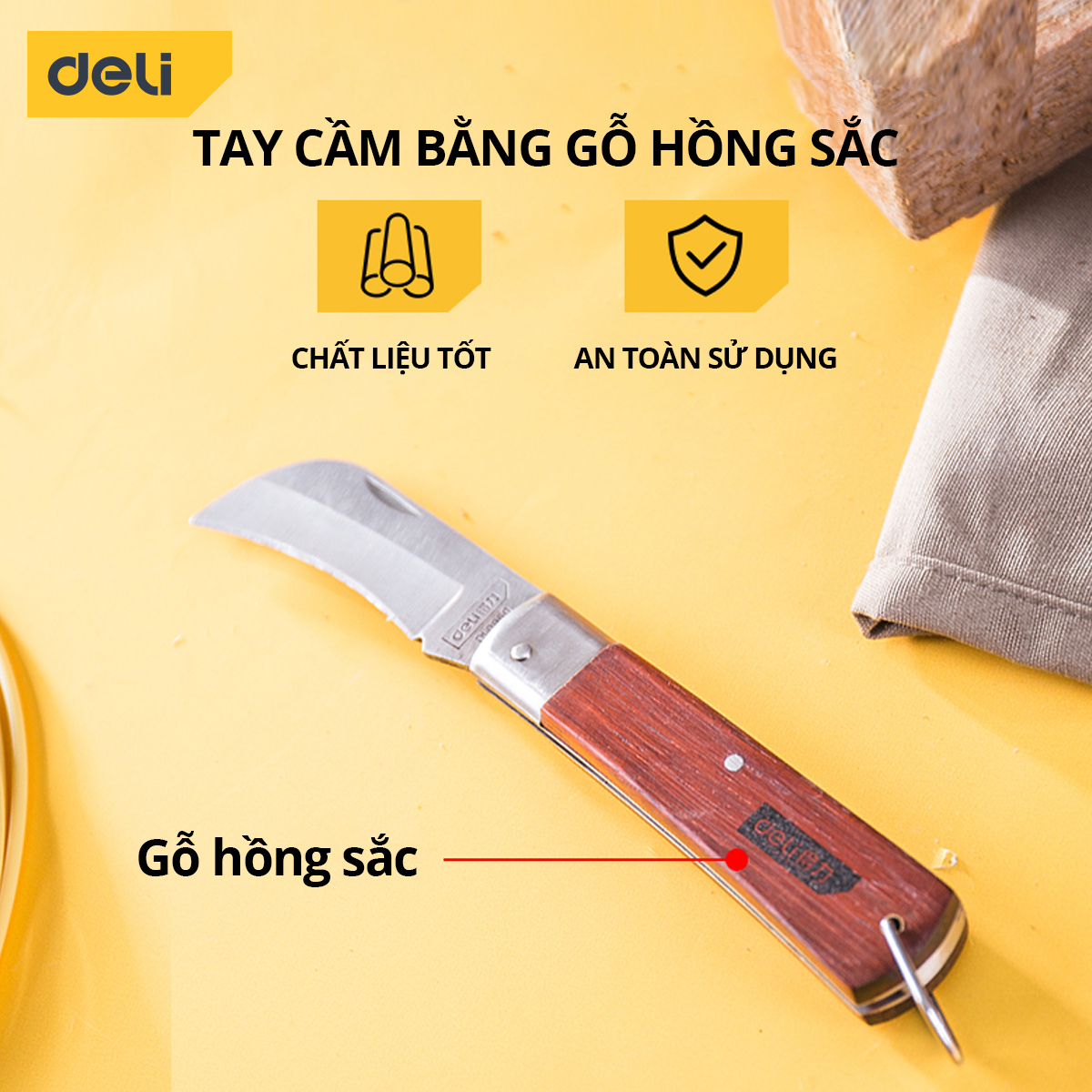 Dao Tuốt Dây Điện Deli Cán Gỗ - Chất Liệu Thép Không Gỉ Siêu Bền - Sử Dụng Đa Năng - DL0060