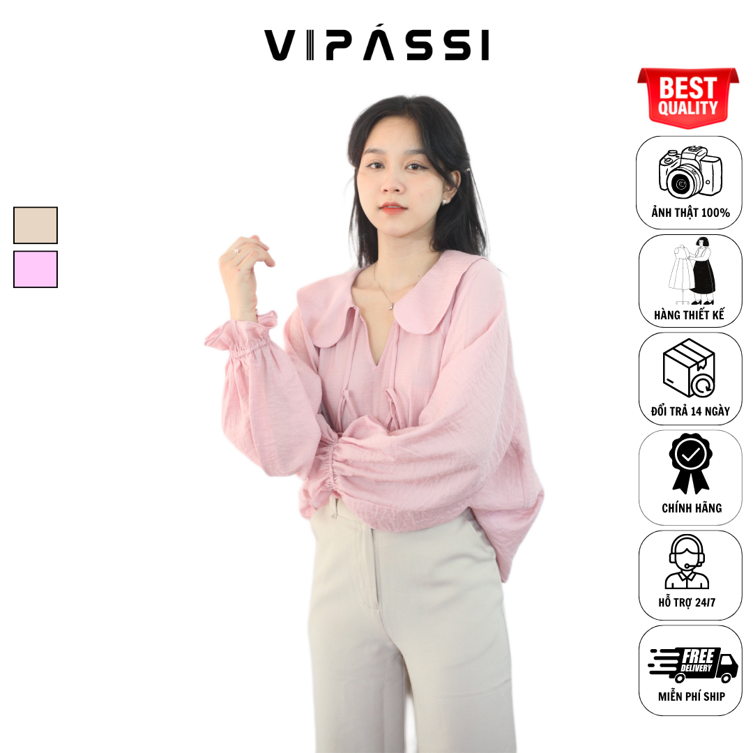 VIPÁSSI - Quần Tây Dài Dáng Suông Loe Nhẹ Khóa Kéo Lưng Cao Họa Tiết Quai Dê Ngắn