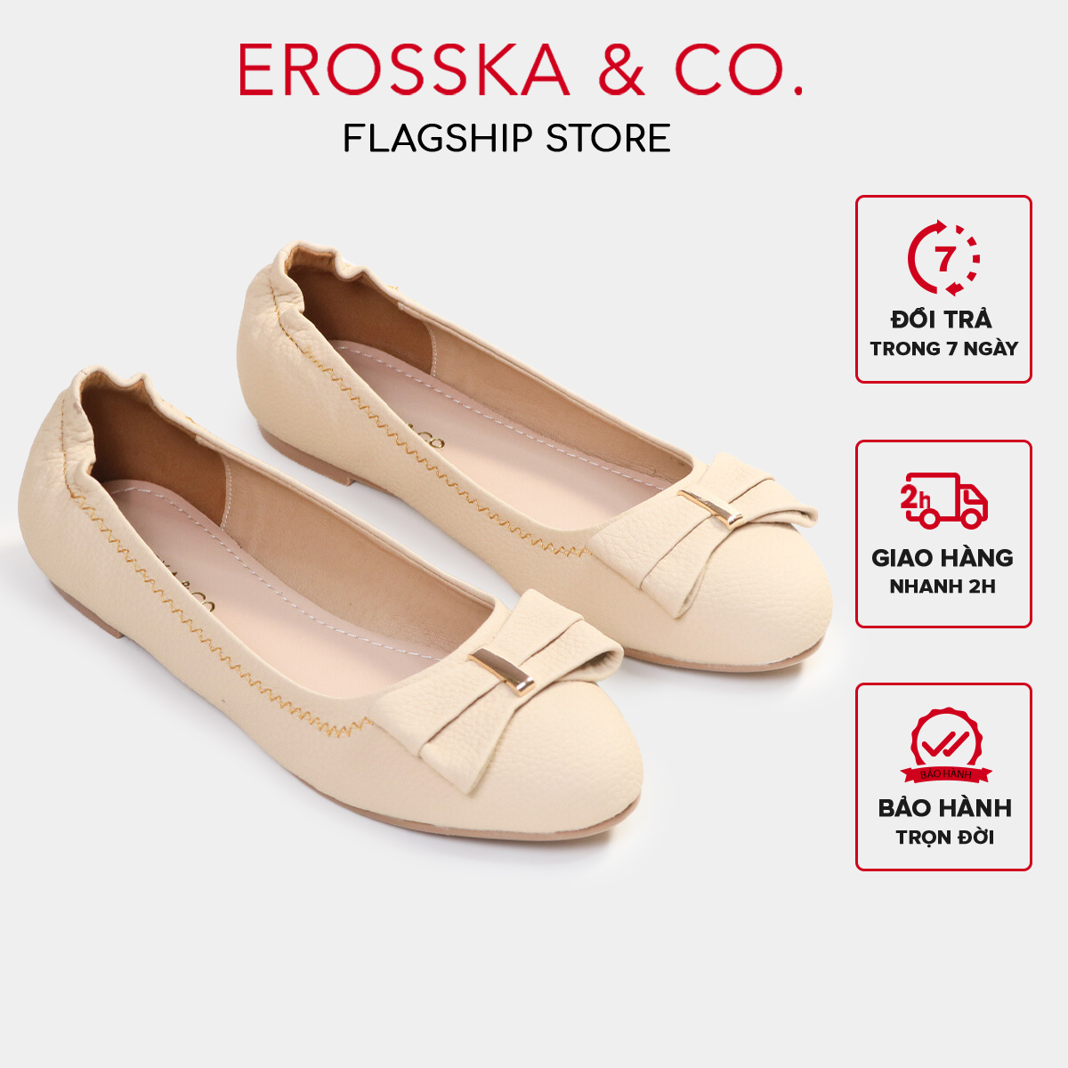 Erosska - Giày búp bê nữ đế bệt mũi tròn đính nơ xinh xắn - EF020