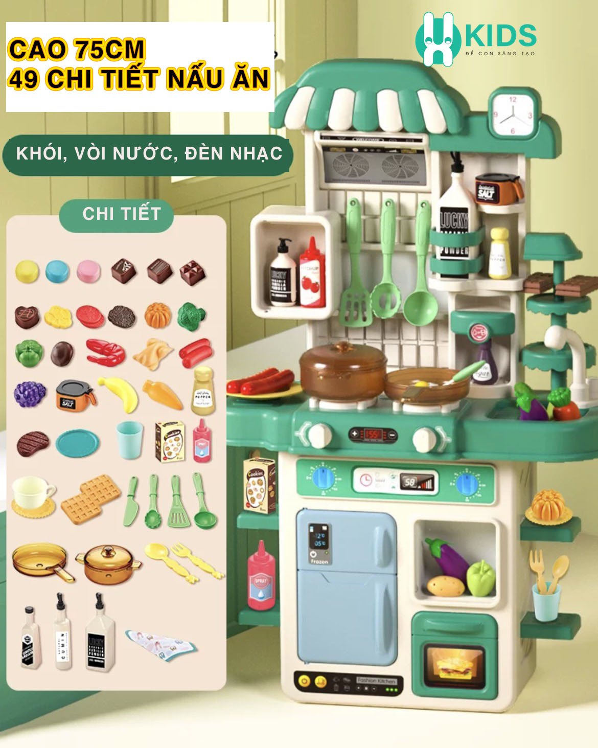 Đồ chơi nhà bếp cho bé cỡ lớn có vòi nước bếp lửa đèn âm thanh, đồ chơi nấu ăn trẻ em đa chức năng mẫu mới nhất chính hãng