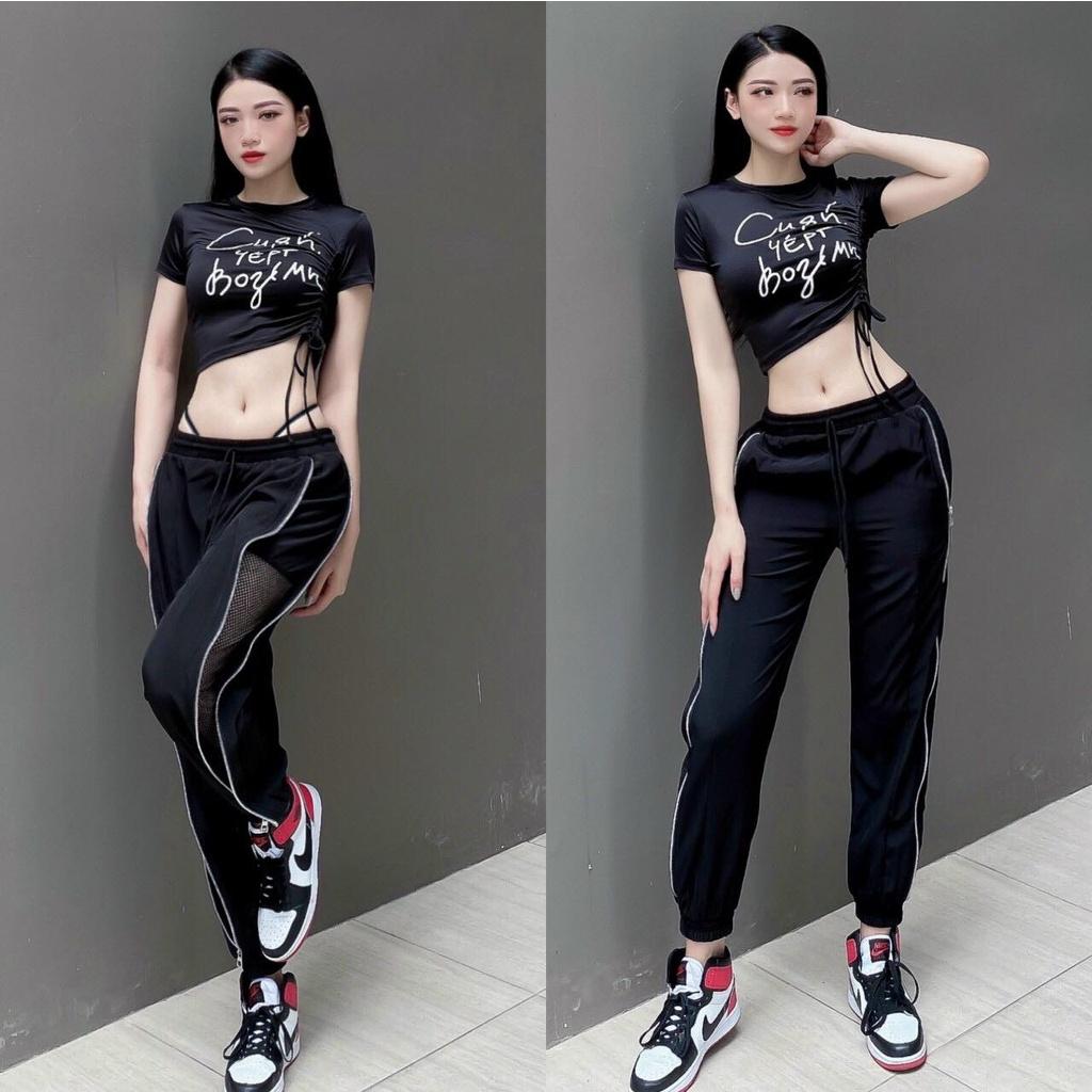 Đồ tập gym nữ bộ thể thao tập gym, yoga, aerobic, chạy bộ gồm quần jogger dáng rộng và áo croptop cá tính