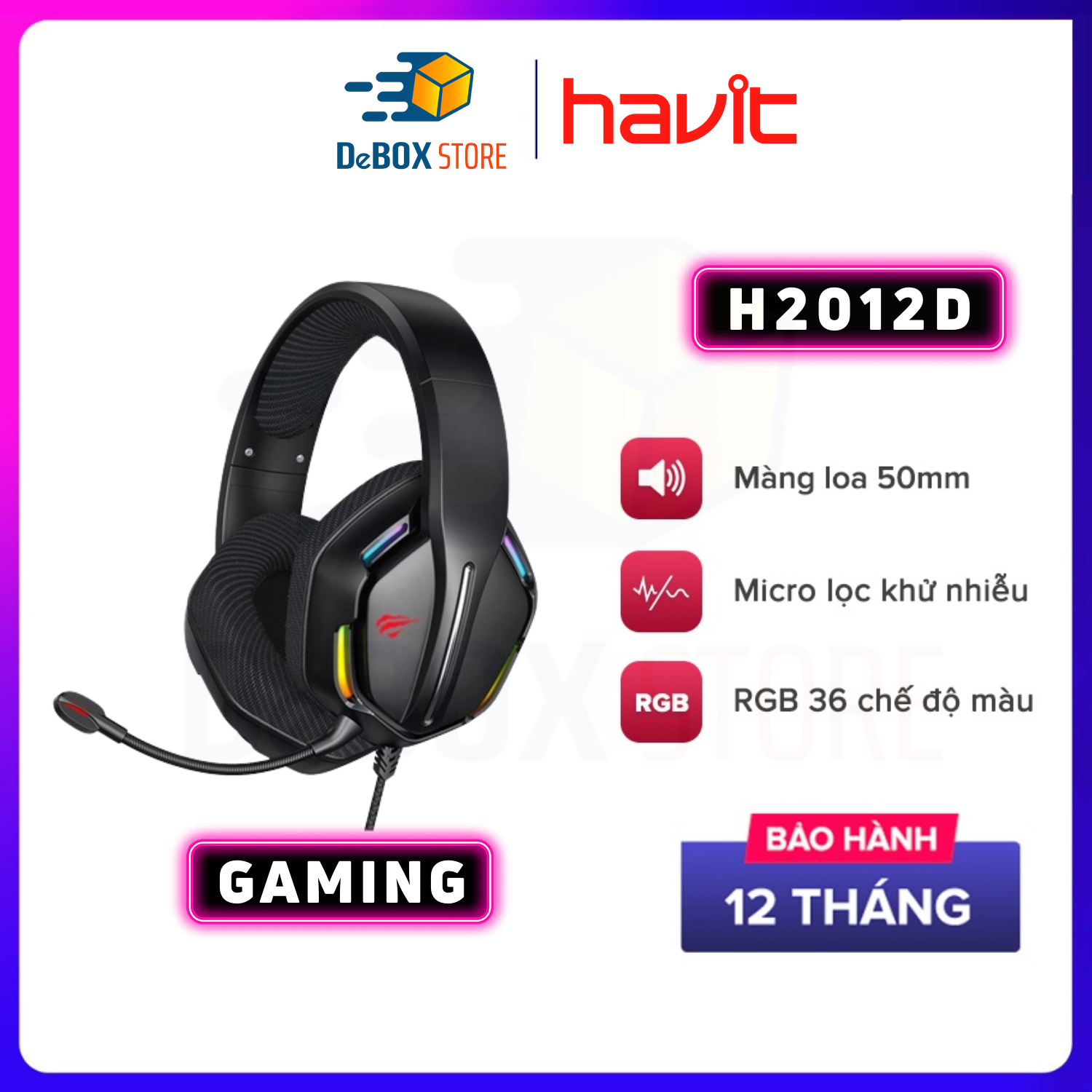 Tai Nghe Gaming Headphone HAVIT H2012D, Driver 50mm, Đèn RGB 36 Chế Độ Màu, Mic Khử Ồn - Hàng Chính Hãng