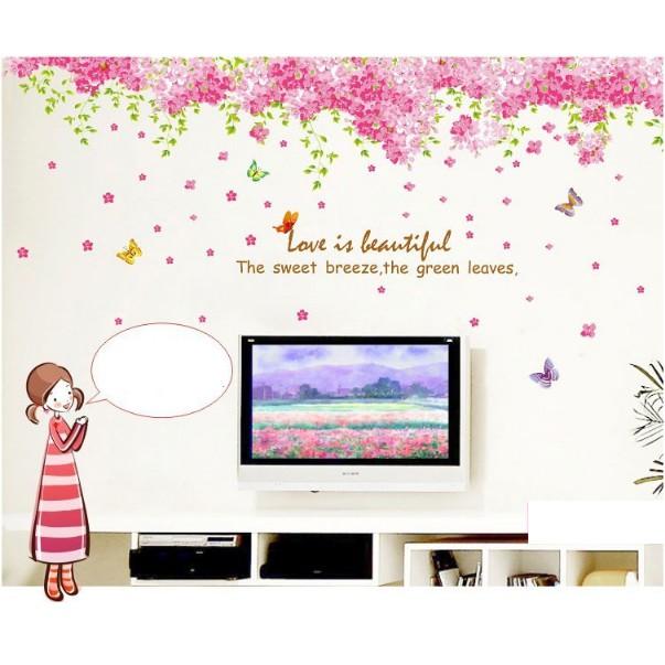 Decal trang trí tường - Dàn Hoa Bướm Hồng nhí lãng mạn