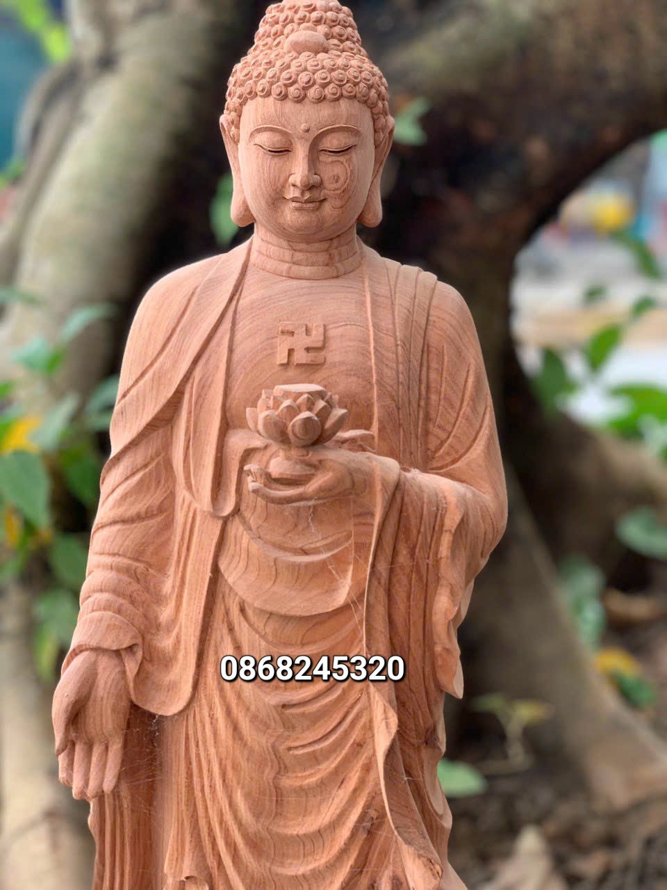 Tượng phật adi đà liên hoa bằng gỗ hương đá kt cao 60×23×21cm