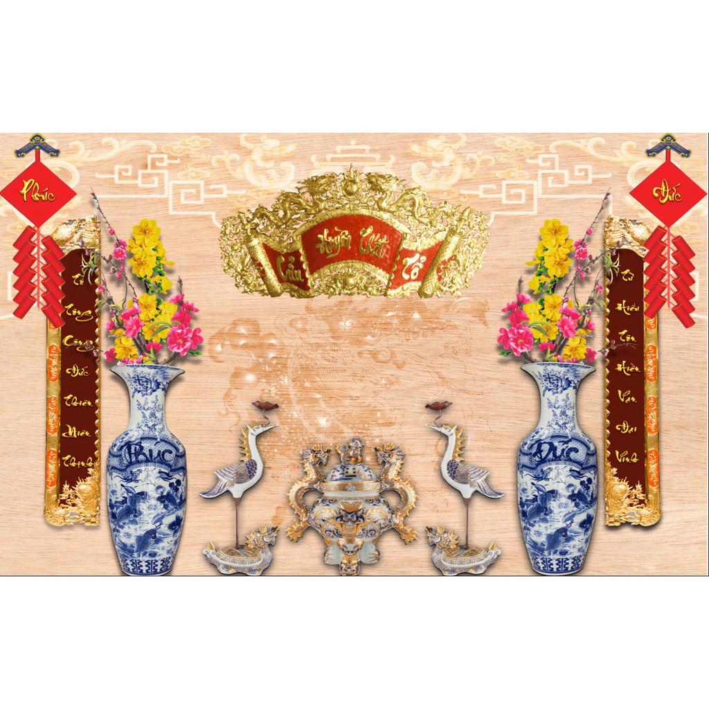 Tranh dán tường 3D phòng thờ cửu huyền thất tổ khổ lớn- kích thước theo yêu cầu vải lụa kim tuyến