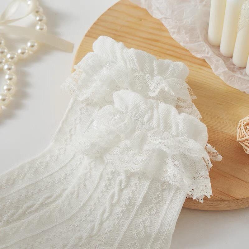 Tất, vớ cổ chân dệt kim GÂN THỔ CẨM VIỀN REN HOA ĐÍNH NƠ phong cách Lolita NhậtBản, cogiãn thoáng khí cho nữ Women